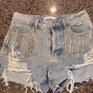 AKIRA Light Blue Jean Shorts with Silver Fringe